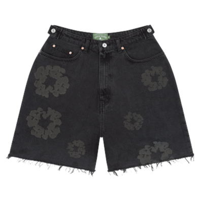 Front view of Black Mono Cotton Wreath Denim Shorts
