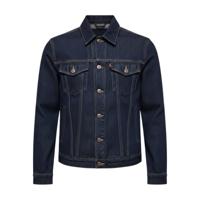 Front view of Cotton Denim Jacket Dark Wash by Denim Tears